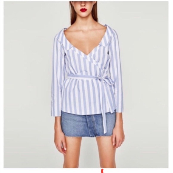 Zara Tops - Zara Women's blue & White Striped Wraps Shirt in Size Medium